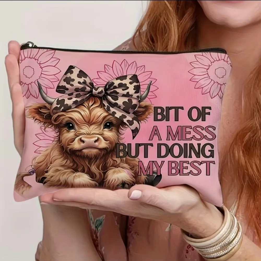 Women's Cosmetic Bag One Size Pink Brown Highland Cow
